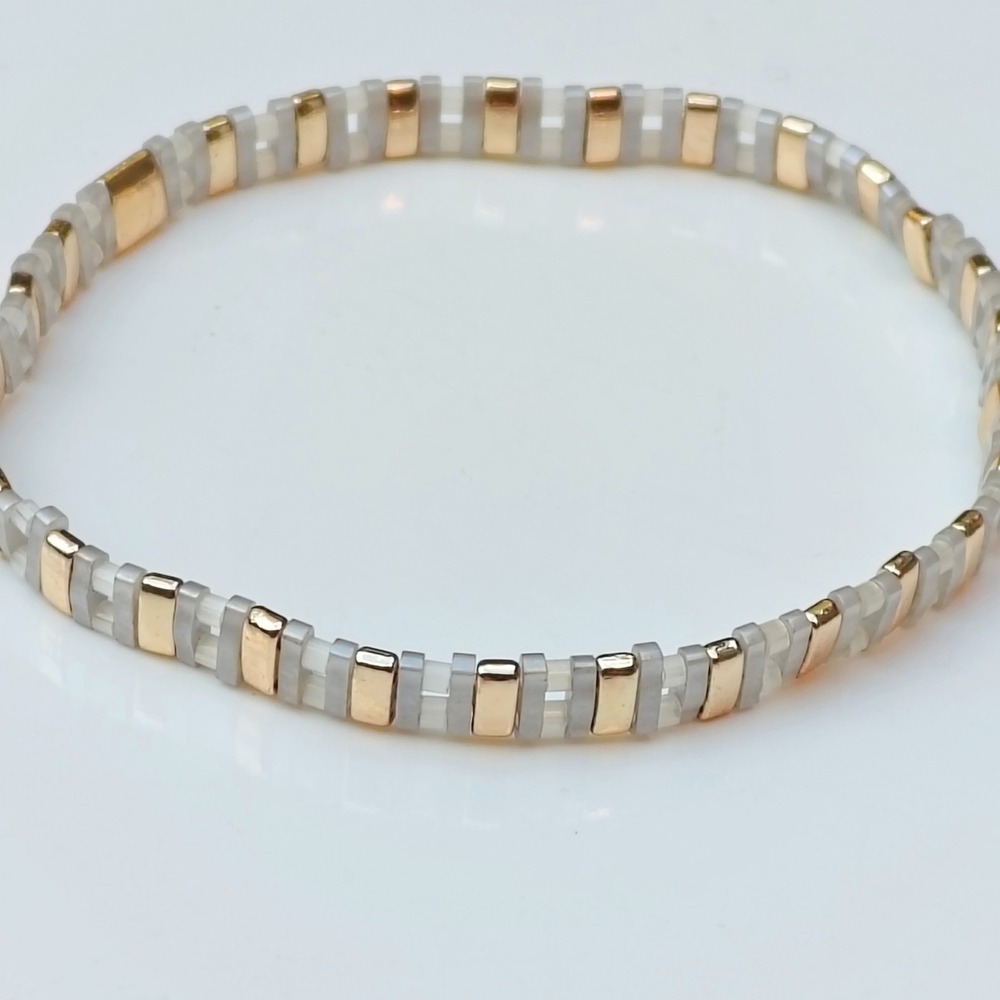 Splendid Iris Tila Miyuki Japanese Glass Bead Bracelet White Gold Stretch Dainty